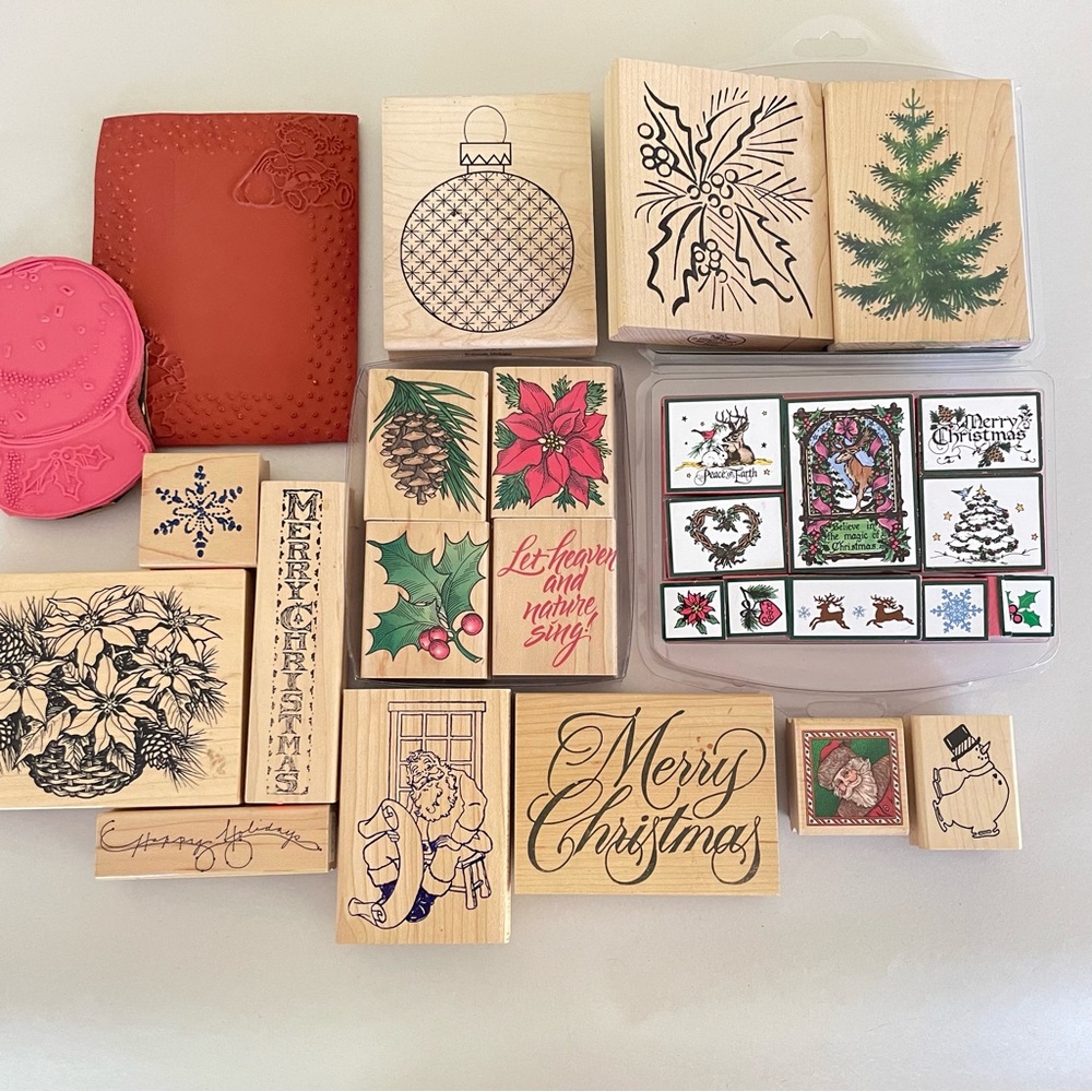 Rubber Stamp Wood Mount Lot Merry Christmas Winter Holiday Holly Santa Tree Snow